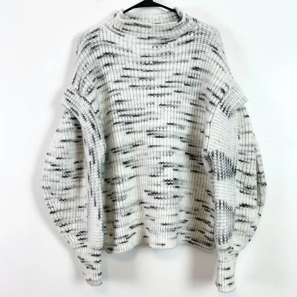 Varley Belgrave Mock Neck Ruffle Balloon Sleeve Knit Sweater Dalmation Large